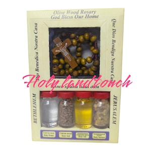 Set 5 items Holy Land Collection Olive Wood Rosary Blessed Water Soil Oil Incense