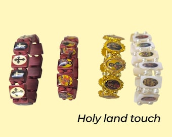 Christian Icon Bracelet Set, Holy Land Wood & Pearl Religious Gift