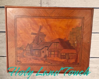 Antique Rural Intarsia Picture Mural Made Of Wood Woodcut House Landscape Hand Made