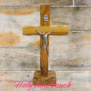 Cross with Base Stand Made Olive Wood Hand Made Jerusalem Bless Holy Land Gift