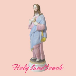 Hand Painted Porcelain Sacred Heart of Jesus Statue Vintage Catholic Figurine from Holy Land Religious Christian Art