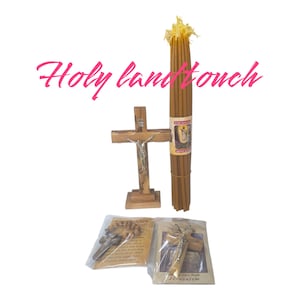 Holy Land Christian Gift Set: Beeswax Candles, Olive Wood Cross & Rosary