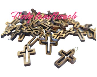 50 piezas de colgantes de rosario de cruces pequeñas de madera de olivo hechos a mano en Tierra Santa, Belén