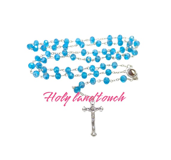 Nazareth Store Deep Blue Crystal Rosary - 21 Inch Men's Prayer Beads With Holy Soil Medal