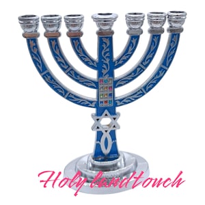 Jewish Menorah  7 Branch Silver Blue Hanukkah Israel Jerusalem Gift Holy Land