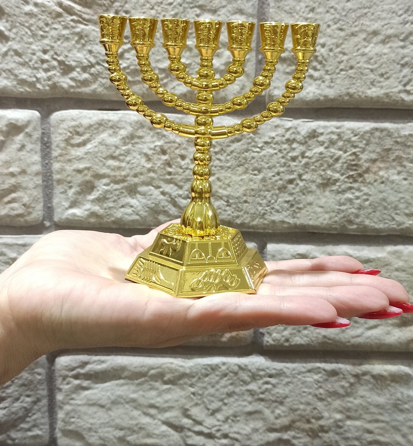 Jewish Star Of David Gold Temple Menorah - 7 Inches Tall, Hanukkah Candle Holder - View #9