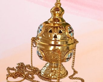 Brass Orthodox Incense Burner Hanging Or Stand On The Table With Crosses On Sides