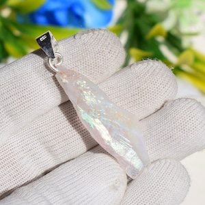 Natural calibrated White Aura Quartz Raw Pendant, 925 Sterling Silver Pendant, Gemstone Rough Pendant Handmade
