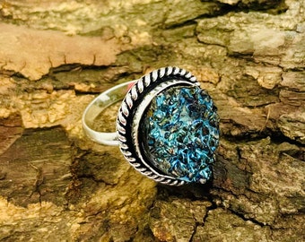 Magnifique bague druzy en agate, pierres précieuses brutes, bague en argent, bague réglable faite main