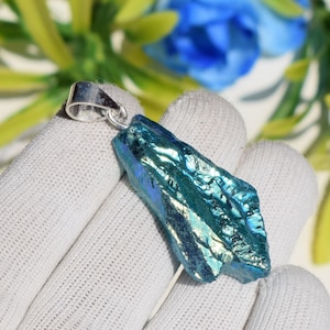 Natural calibrated Aura Quartz Raw Pendant, 925 Sterling Silver Pendant, Aura Quartz Rough Gemstone Pendant, For Someone