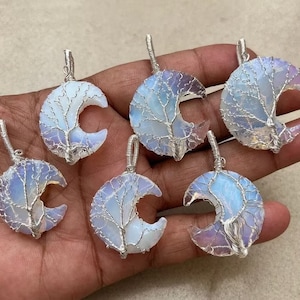 Opalite Moon Tree Pendant, Tree Of Life Pendant, Opalite Crescent Moon Pendant, Crystal Pendant, Wire Wrapped Pendant