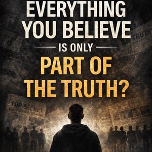 May include: A thought-provoking poster with the text "WHAT IF... EVERYTHING YOU BELIEVE IS ONLY PART OF THE TRUTH?" in white and gold against a dark, textured background. A person stands in front of a crowd, with newspaper clippings in the background.