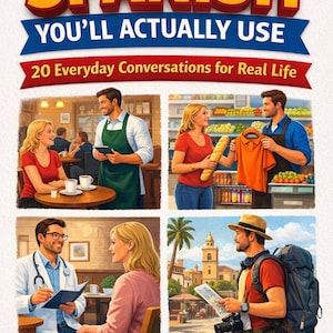 May include: Book cover for "Spanish You'll Actually Use" with illustrations of everyday conversations. The author is Mark Hockey. The cover shows scenes in a cafe, a grocery store, a doctor's office, and a travel scene.
