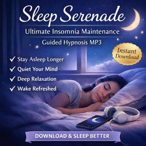 May include: An advertisement for "Sleep Serenade" showing a woman asleep in bed. The image promotes "Ultimate Insomnia Maintenance" and "Guided Hypnosis MP3." Text highlights benefits such as "Stay Asleep Longer" and "Wake Refreshed." The image also includes a crescent moon.