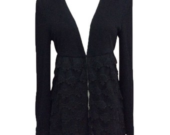 Young Essence Black Long Sleeve V-Neck Lace Trim Coat