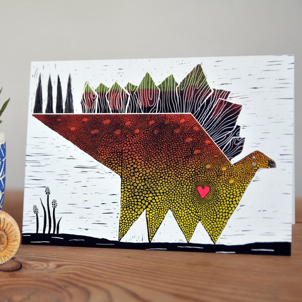 Stegosaurus (Roof Lizard) - Dinosaur Artwork 8x10 Print or 7x5 Greeting Card Lino Cut - Relief Style