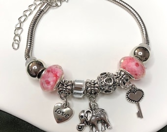 Verstellbares Charm Armband in silber mit Anhängern - Elefant Herz Schlüssel - Schmuck für Sie - Geschenkidee Damen - Bettelarmband