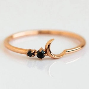 Svart diamant Månskärm vigselring 14K guld stapelbara ringar tunn guldring handgjorda fina brudsmycken present till henne