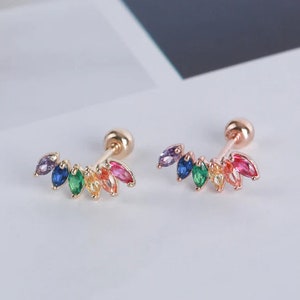 14k Solid gold rainbow flower stud earrings, Marquise CZ Lotus Flower Stud Earrings, Cartilage Helix Tragus Conch Screw back Stud Piercings