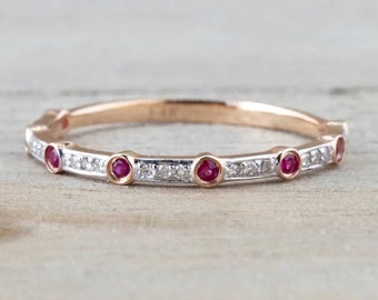 14k Gold Art Deco Ruby and Diamond Half Eternity Womens Wedding Ring / Stackable Ruby Diamond Ring / July Birthstone Ring