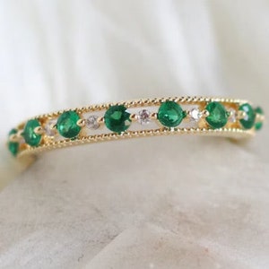4k Emerald Round Band Ring, Gold Eternity Wedding Band Women, Dainty Stacking Ring, Green Gemstone Cz Ring, Mother Day Gifts, gift for her