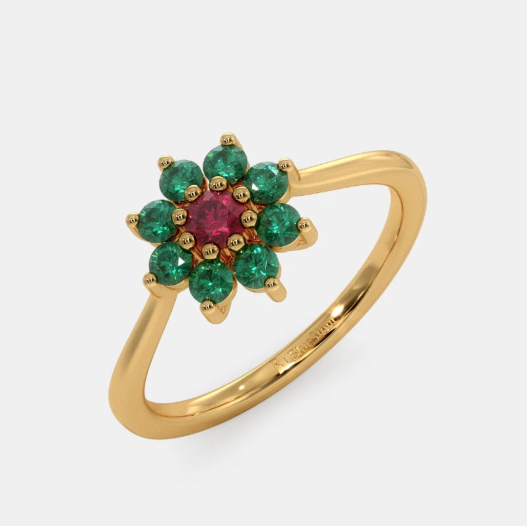 Ruby Emerald Engagement Ring Women Statement Ring 14k Solid Gold