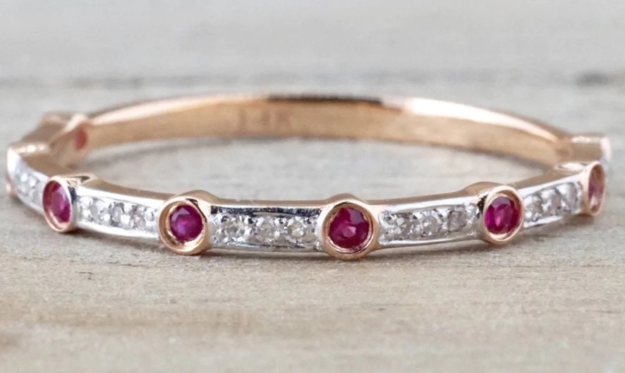 14k Gold Art Deco Ruby and Diamond Half Eternity Womens Wedding Ring ...