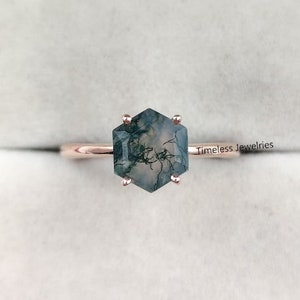 Minimalist Moss Agate Hexagon Cut Solitaire Ring, Dainty Mossy Agate Ring, Nature Inspired Wedding & Engagement Ring, Anniversary For Women