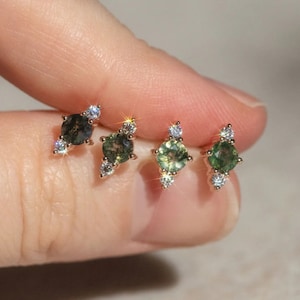 14K Gold Moss Agate Earring Threadless Push Pin Stud Dainty Fan Shape Cartilage Helix Natural stone Flat Back Earring 18g gift for her