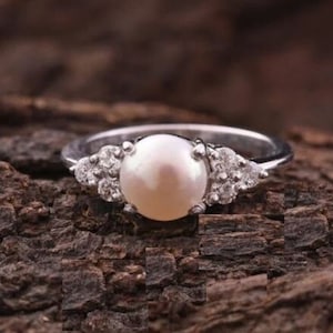 14k Pearl Ring, Solid Gold Dainty Engagement Ring for Women, Real Pearl Solitaire Band, Cute Proposal Ring, Diamond Cz Accented Gift Ring