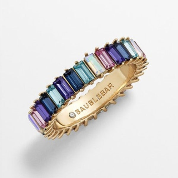 Rainbow sapphire ruby eternity band ring 14K gold | Natural emerald cut rainbow ring gold | Rainbow ombre ring gold | 5 x 3MM Emerald cut ring