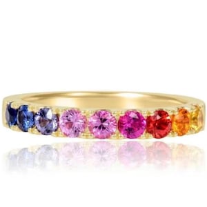 Natural Multi Sapphire Band Ring, 14K Gold Rainbow Sapphire Ring, Wedding Band Ring, Real Sapphire Birthstone Ring, Full Eternity Band Ring
