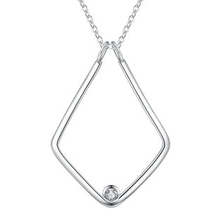 May include: A silver necklace with a diamond-shaped pendant featuring a single small diamond at the bottom.