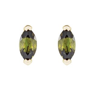 May include: A pair of gold earrings with marquise-shaped green gemstones.