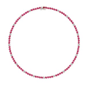 925 Silver Lab Ruby Round With White Topaz Tennis Necklace,Gold Plated Lab Ruby Round Tennis Necklace,Red Color Necklace,Silver Necklace For