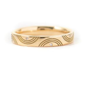 パヴェ ダイヤモンド ハーフ サークル リング | 14K ソリッド ゴールド ウェディング バンド レディース |幅3.13MMのマッチングリング |幾何学模様の厚みのあるバンド|フラッシュリング
