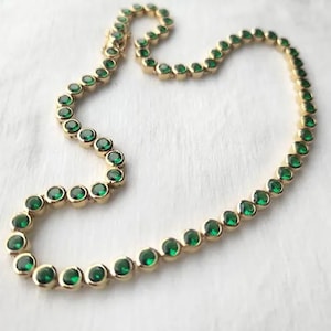 925 Lab Emerald Round Bezel Tennis Necklace,Yellow Gold Plated Lab Emerald Tennis Necklace,Lab Emerald Handmade Necklace Vintage Gift for