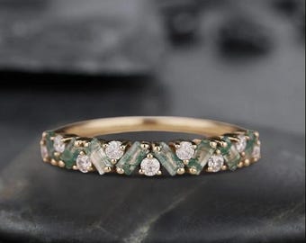 Unique Baguette Moss Agate Ring Moss agate Wedding Band Gold Rings Art Deco Eternity Band Moss Agate Matching Ring Personalized Gift For Her