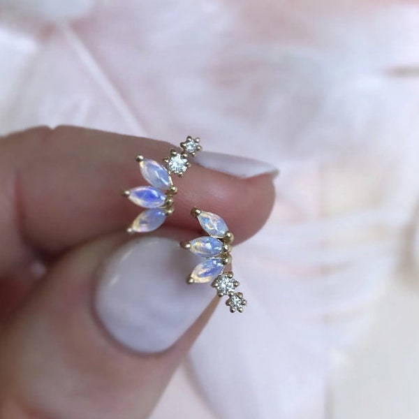 14K Gold rainbow Moonstone Earring Threadless Push Pin Stud Dainty Fan Shape Cartilage Helix Conch Earring moissanite Flat Back Earring gift