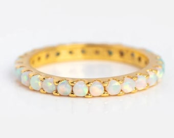Opal Eternity Ring, Dainty Opal Ring, Gold Opal Ring, Silver Opal Ring, Minimalist Ring, Opal Stacking Ring, Gift for Her, White Opal Ring