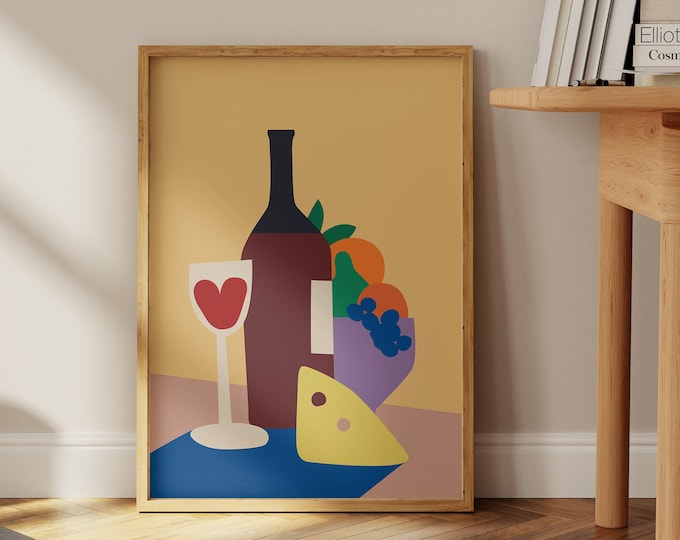 Wine Print Wall Art - Elegant and Modern Decor Piece, Wine Bottle, Cheese and Fruits Print, Instant Download