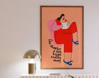 One chapter a day print Reading Woman Art Printable Book Lover Wall Art Bookshop Print Library Reading Nook Décor Instant Download