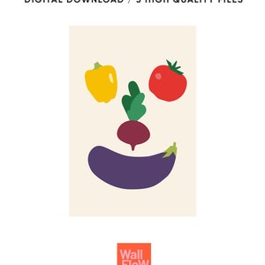 Impression végétale comme décor de cuisine moderne, affiche alimentaire, téléchargement immédiat, tomate, papier, aubergine, art mural numérique de betterave. image 3