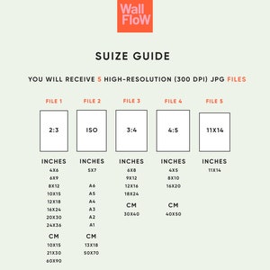 May include: A size guide chart with the Wall Flow logo. The chart lists various print sizes in inches and centimeters, including 4x6, 5x7, 6x8, 4x5, and 11x14. The text indicates that you will receive 5 high-resolution JPG files.