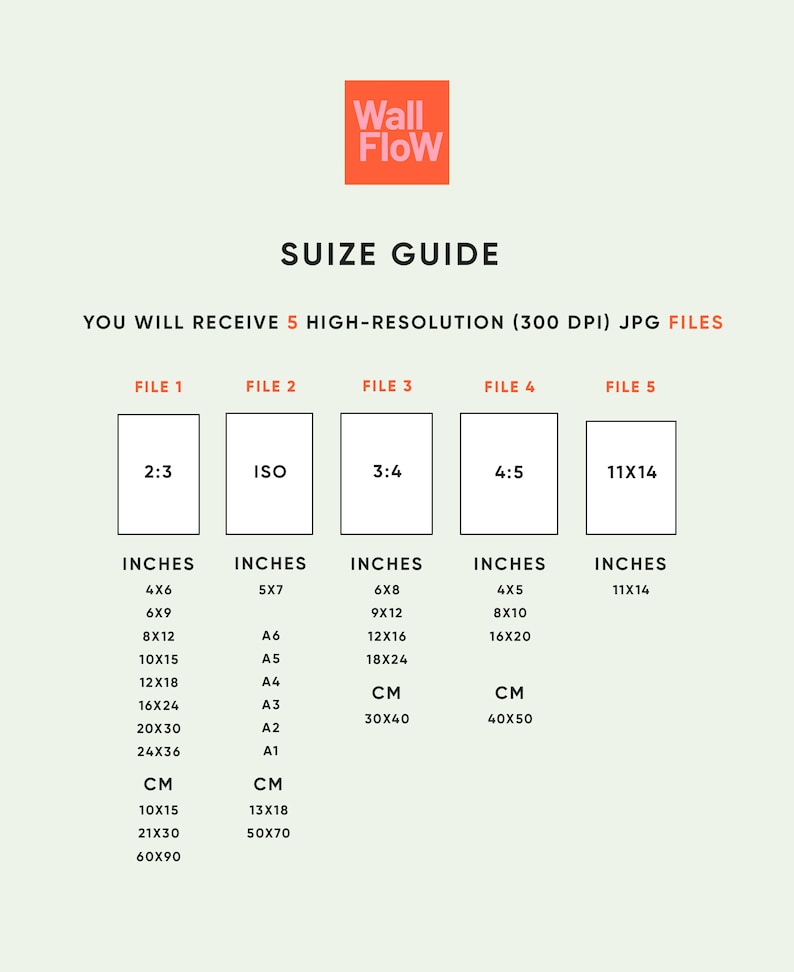 May include: A size guide chart with the Wall Flow logo. The chart lists various print sizes in inches and centimeters, including 4x6, 5x7, 6x8, 4x5, and 11x14. The text indicates that you will receive 5 high-resolution JPG files.