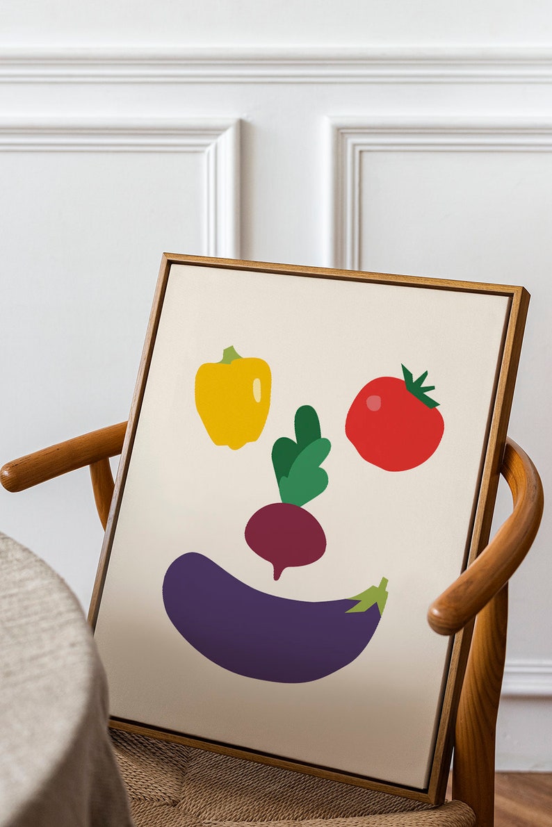 Impression végétale comme décor de cuisine moderne, affiche alimentaire, téléchargement immédiat, tomate, papier, aubergine, art mural numérique de betterave. image 8