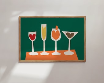 Bar Cart Print, Minimalist Alcohol Art Print, Wine, Aperol Spritz Cocktail Print, Espresso Martini, Champagne Wall Art, Instant Download.