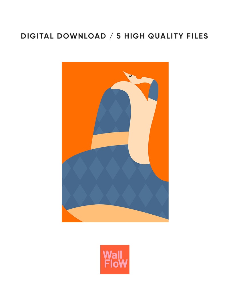 May include: Digital download graphic showing a stylized figure with a blue diamond pattern and a beige upper body, set against an orange background. The text "DIGITAL DOWNLOAD / 5 HIGH QUALITY FILES" is at the top. The Wall Flow logo is at the bottom.