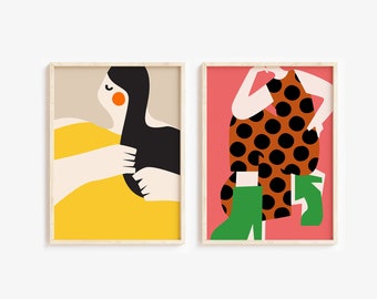 Abstract Fashion Illustration Set of 2, Bright Summer Wall Decor, Digital Download.
