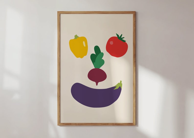 Impression végétale comme décor de cuisine moderne, affiche alimentaire, téléchargement immédiat, tomate, papier, aubergine, art mural numérique de betterave. image 1